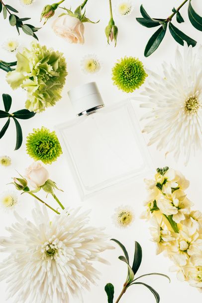 top view of bottle of perfume surrounded with flowers and green branches on white - Foto, Imagem