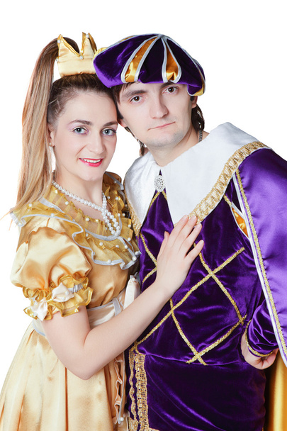 Guy and girl dressup as Prince and Princess isolated on a white - Photo, Image