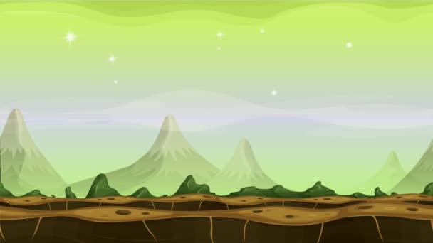 Fantezi uzaylı Dağları arka plan döngü / sorunsuz imkanı ilmekledi bir karikatür komik bilim-kurgu yabancı gezegenin manzara arka plan, dağlar aralığı, yıldızlar ve gezegenler de dahil olmak üzere paralaks için katmanları ile animasyon - Video, Çekim