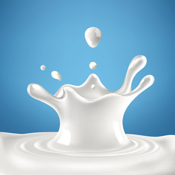 Abstract realistic milk drop with splashes isolated on blue background. vector illustration - Vector, afbeelding