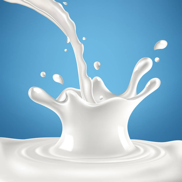 Abstract realistic milk drop with splashes isolated on blue background. vector illustration - Vektör, Görsel
