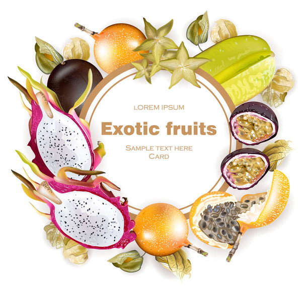 Exotic fruits round frame Vector realistic. Dragon fruit, granadilla, passion fruits, starfruit, physalis fruits - Vector, Image