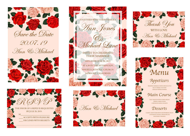 Wedding ceremony invitation card with rose flower - Vector, Image