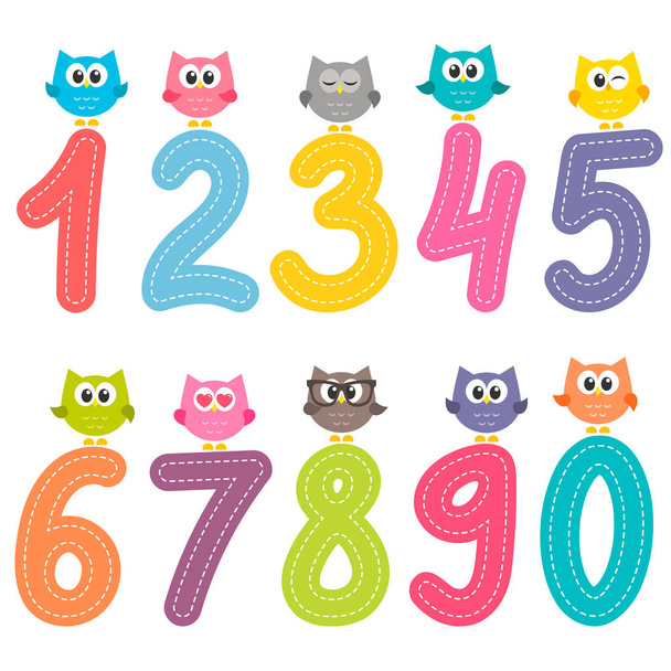 Numbers from zero to nine with cute owls - Вектор,изображение