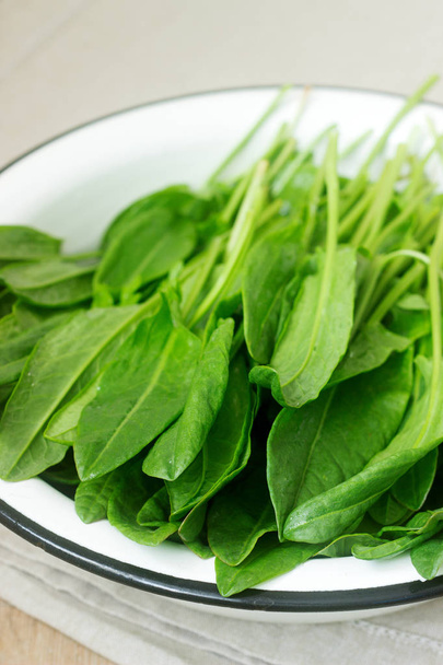 Bright fresh leaves of sorrel in a bowl of water. Rustic style. - Photo, Image