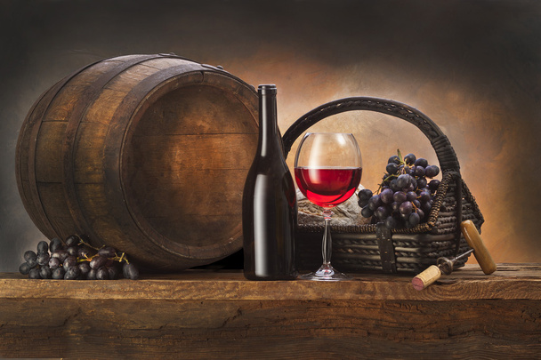 Still life with red wine and old barrel - Photo, Image