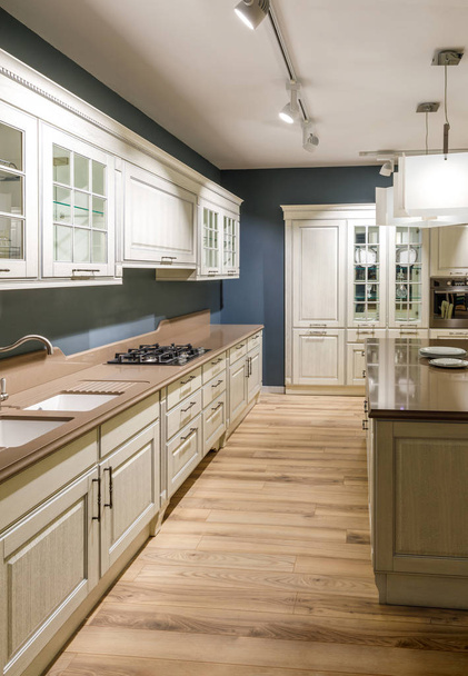 Interior of modern kitchen in white and blue tones - Φωτογραφία, εικόνα