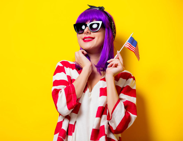 girl with purple hair holding United States flag - Photo, Image