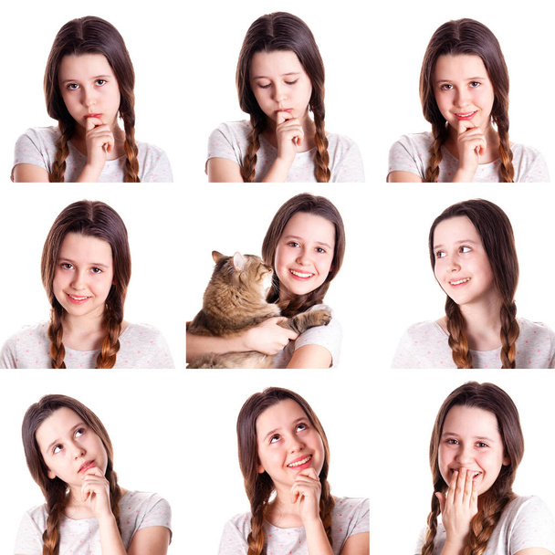 Collage met jonge tiener meisje met verschillende emoties en gezichtsexpressies gedurende de witte achtergrond - Foto, afbeelding