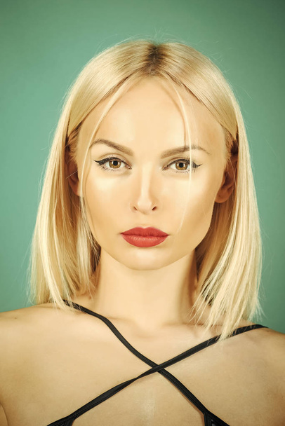 Woman or girl with blond hair and red lips - Fotografie, Obrázek