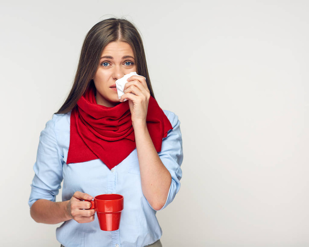 Sick flu woman holding red coffee cup.  - Foto, afbeelding