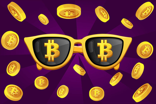 Золотые очки с символом биткойна и криптовалютной монетой
 - Вектор,изображение