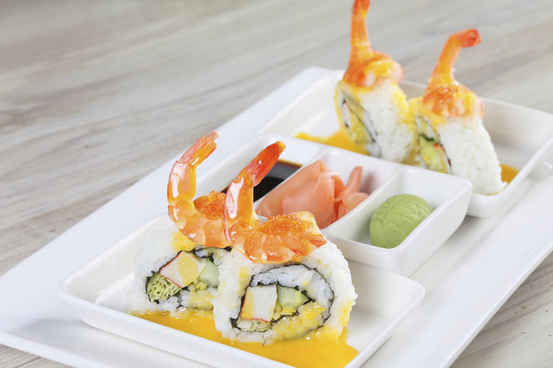 Cali orange shrimp rolls, close-up view  - Photo, image