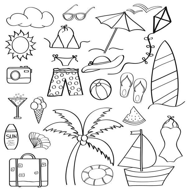 Doodle artículos de dibujos animados colección de vacaciones de verano para colorear
. - Vector, imagen