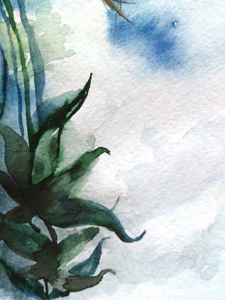 Acuarela abstracta hoja verde rama planta azul marino gris blanco fondo textura
 - Foto, Imagen
