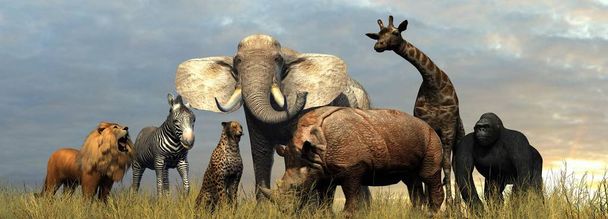 Различные дикие животные Африки на фоне неба
 - Фото, изображение