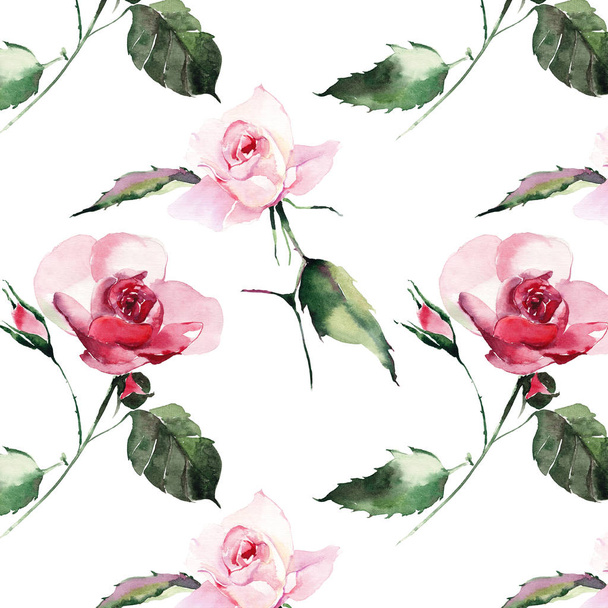 Tender gentle sophisticated wonderful lovely cute spring floral herbal botanical red powdery pink violet roses with green leaves pattern watercolor hand sketch. Perfect for textile - Φωτογραφία, εικόνα