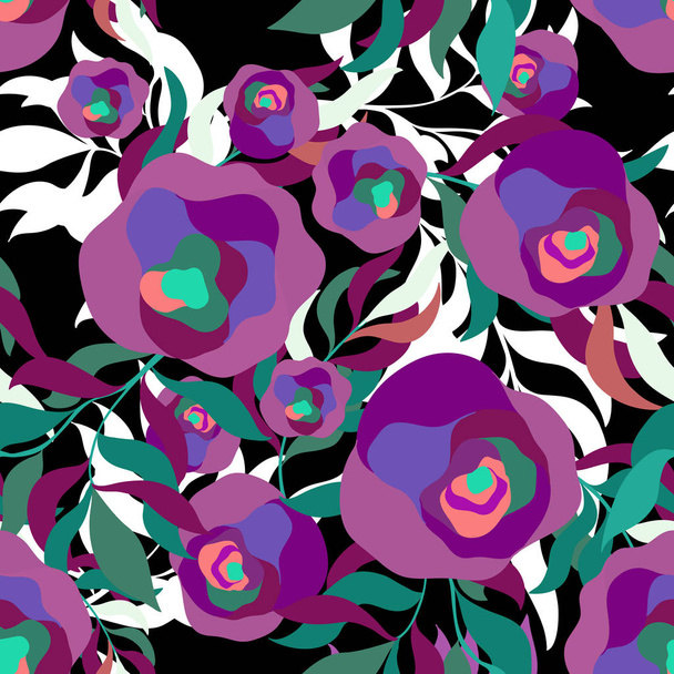 Naadloze vector patroon van psychedelische elegante bloemen. Op zwarte achtergrond. Hand loting illustratie. - Vector, afbeelding