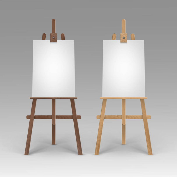 Vektorové Sada dřevěné hnědé Sienna stojany s vzorovou prázdné prázdné vertikální pláten, samostatný - Vektor, obrázek