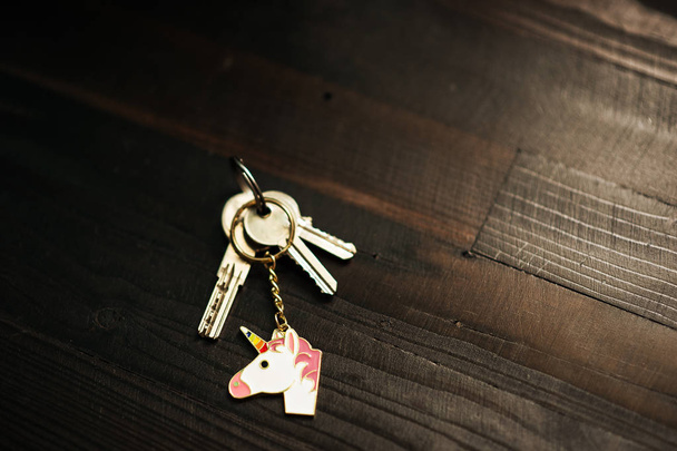 Unicorn key chain on dark wood background - Photo, Image