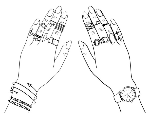 απομονωμένο αντικείμενο σε άσπρο φόντο. Τα χέρια των γυναικών στη μόδα κοσμήματα, δαχτυλίδια, κοσμήματα, ρολόγια. Βιβλίο χρωματισμού για παιδιά - Διάνυσμα, εικόνα