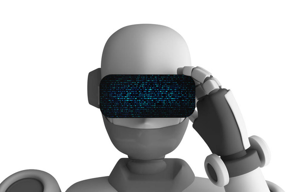 Robot wearing virtual reality glasses on white background. - Photo, Image