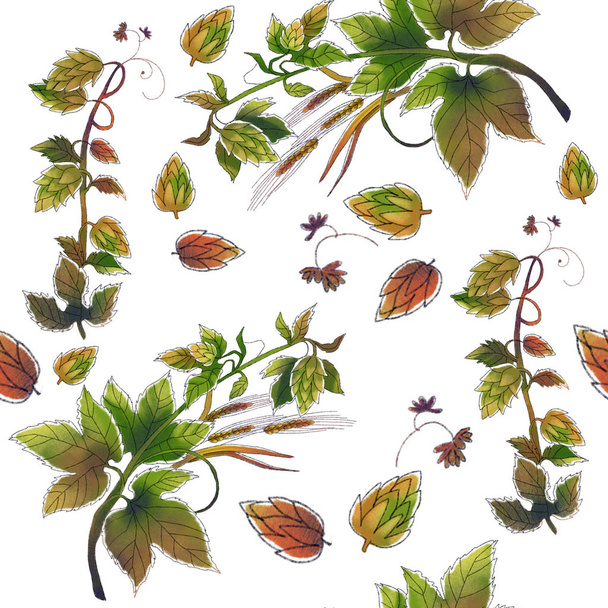 Watercolor leaves and hop cones. Background seamless pattern. - Photo, Image