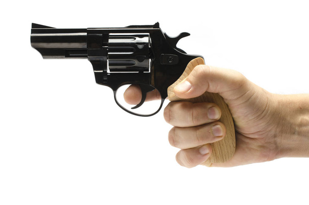 revólver, arma, pistola na mão isolado em branco
 - Foto, Imagem