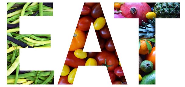 Word eat laid out to from colourful multi-colored fruits and vegetables. Healthy food concept. Vegetarian product. Organic Raw Produce. - Photo, Image