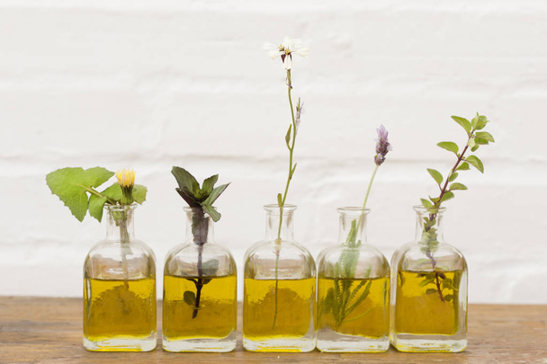 Garrafa de óleo essencial com ervas montadas sobre fundo branco
 - Foto, Imagem