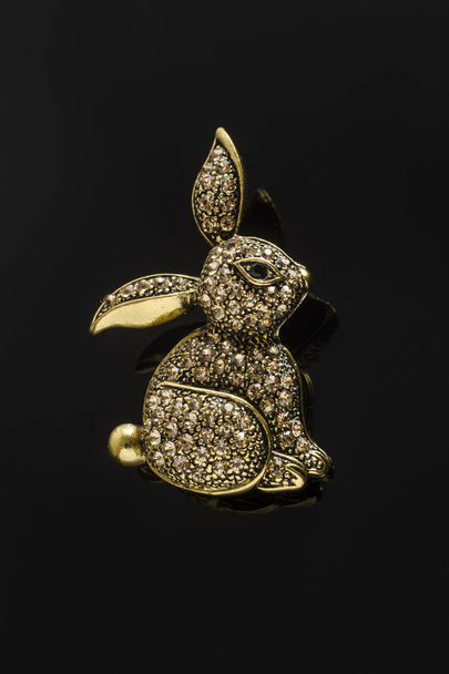 Goldfibel Hase mit Diamanten isoliert auf schwarz - Foto, Bild