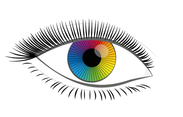 Regenboog gekleurde eye iris - mooie, vrouwelijke, mystic, kleurrijke fantasy contactlens - geïsoleerd vectorillustratie op witte achtergrond. - Vector, afbeelding