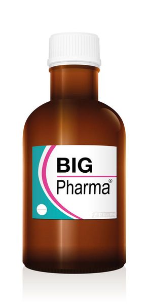Medicine bottle named BIG PHARMA, a medical fake product, symbol for financial pharma business, health problems, profit and negative image of medicine issues - isolated vector on white. - Vector, Image
