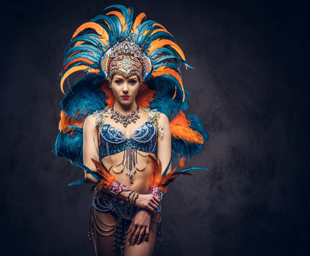 Retrato de estudio de una hembra sexy en un traje de plumas de carnaval suntuoso y colorido. Aislado sobre un fondo oscuro
. - Foto, imagen
