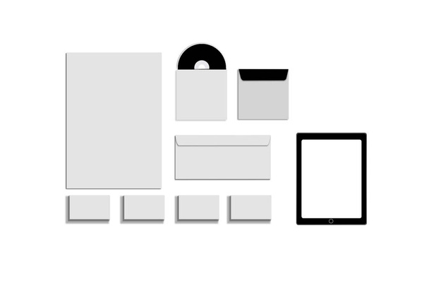 schwarz-weiß-graue Farbattrappe von Schreibwaren, eine Vorlage zur Markenidentifikation auf weißem Hintergrund. Umschläge, Papierbögen - Foto, Bild