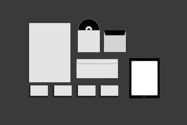 Черно-белый и серый макет канцелярских принадлежностей, шаблон для идентификации бренда на сером фоне. Конверты, листы бумаги
 - Фото, изображение