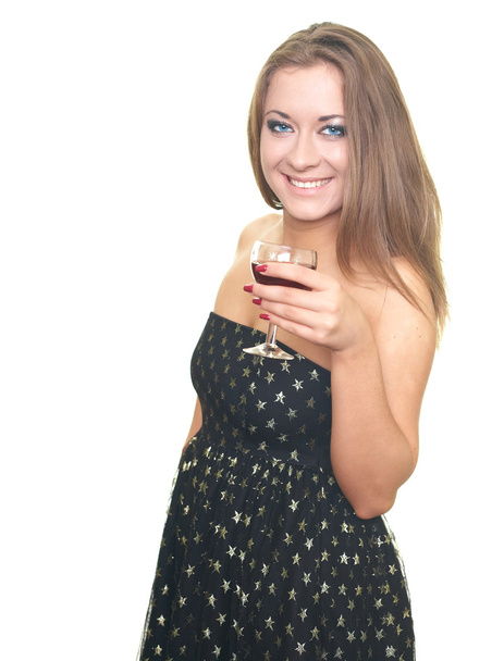 Portrait of attractive young woman in a black dress. Woman holds - Foto, Imagen