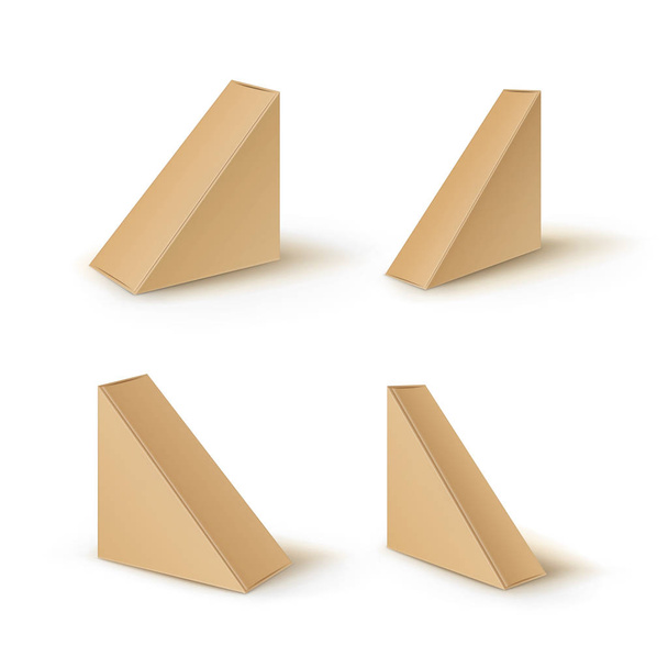 Állítsa be a barna üres karton háromszög vegye el dobozok csomagolás a szendvics, élelmiszer, ajándék, egyéb termékek mintája fel közelről elkülönített fehér háttér vektor - Vektor, kép