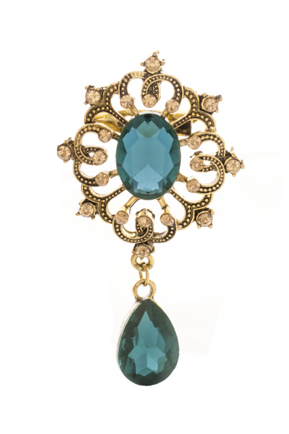golden vintage brooch with aquamarine stone isolated on white - Photo, Image
