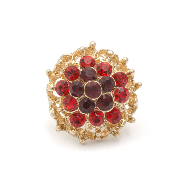 golden round brooch with rubies isolated on white - Photo, Image