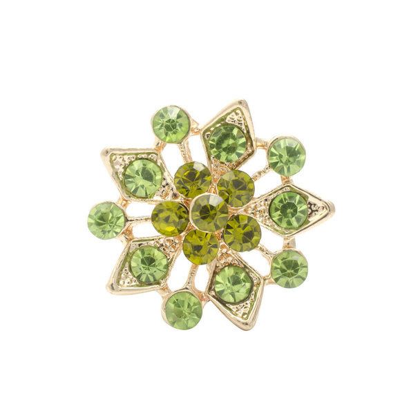 gold brooch with emeralds isolated on white - Photo, Image