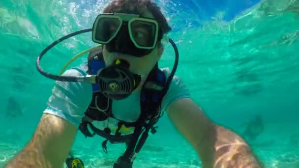 Homem (46 anos) mergulho subaquático na lagoa Rarotonga, cozinhar ilhas. Pessoas reais. Espaço de cópia
 - Filmagem, Vídeo