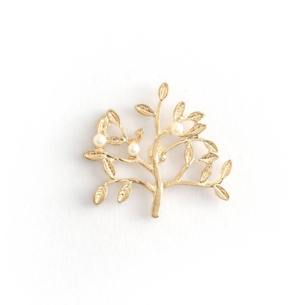 Χρυσή καρφίτσα δέντρο με μαργαριτάρια που απομονώνονται σε λευκό φόντο - Φωτογραφία, εικόνα