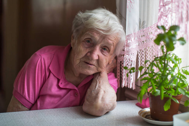 Elderly woman pensioner in the kitchen portrait. - Photo, Image