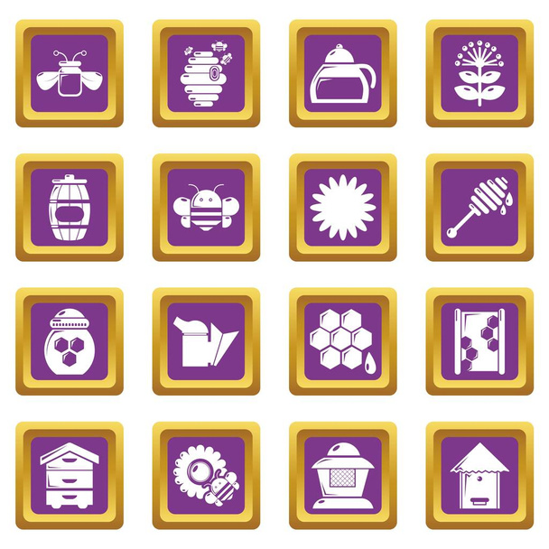 Apiary honey icons set purple square vector - Vektor, kép