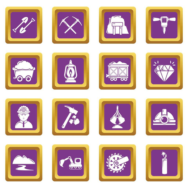 Mining minerals business icons set purple square vector - Vektör, Görsel