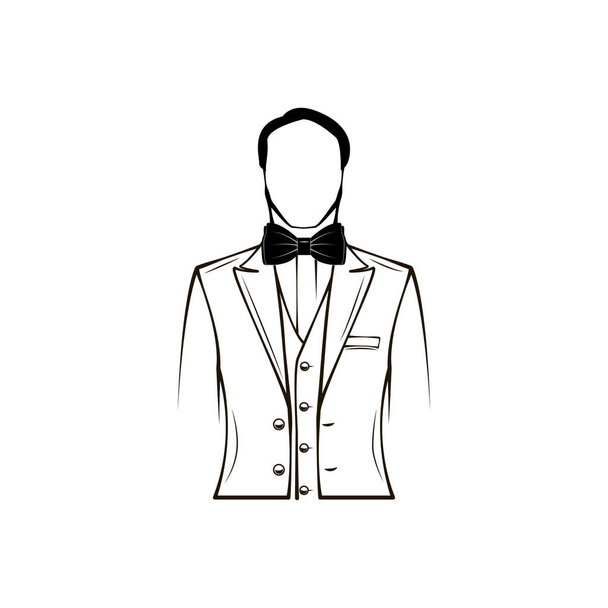 Mans silhouette. Wedding men's suit, tuxedo. Bow tie. Groom. Design element. Vector. - Vector, Imagen