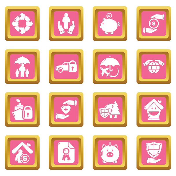 Insurance icons set pink square vector - Vetor, Imagem