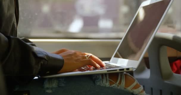 Teenage girl using laptop in bus 4k - Filmagem, Vídeo