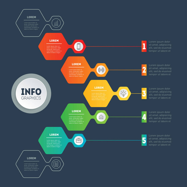 Timeline infographics with hexagonal colourful elements on dark grey background - Вектор, зображення